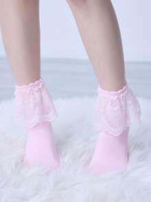 ROMWE Kawaii 女款素色荷葉邊中筒襪 - 多色A3 - 查看 3