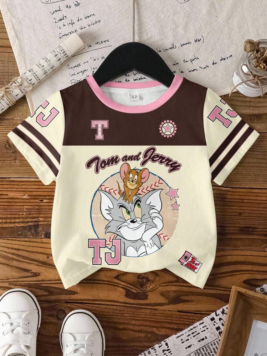 TOM & JERRY X SHEIN Young Girl Casual Colorblock Cartoon Graphic Round Neck Short Sleeve T-Shirt, Summer - White - View 1