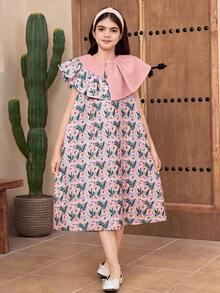 Tween Girl Loose Casual Round Neck Ruffle Asymmetrical Collar Loungewear - Pink - View 4