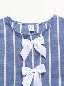 SHEIN 两件套少女休闲优雅条纹撞色蝴蝶结泡泡袖上衣和阔腿裤套装，蓝色，适合外出穿着，女童（大号）T恤套装 - 藍白色 - 查看 6