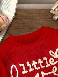 女童休闲简约字母图案宽松圆领长袖毛衣 - 紅色 - 查看 5
