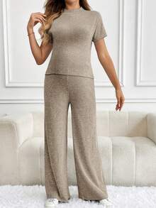 SHEIN Bộ đồ bầu màu trơn cổ đứng tay ngắn, chất liệu gân nổi, dáng rộng, thoáng khí, 2 món, thích hợp cho mùa hè. - Màu be - Xem 6