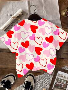 SHEIN Cute & Sweet Young Girl Pink Heart Graphic Tee, Casual Minimalist Short Sleeve Round Neck T-Shirt, Suitable For Spring & Summer Daily Wear, Stylish Girls Casual, Sweet Heart Graphic , New Style, Homecoming, Valentine Vibes - Multicolor - View 2