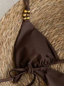 Swim Vcay 2026 Spring/Summer Spaghetti Strap Halter Knotted Gold Beaded Red Shiny Fabric Side Tie High Cut Bottoms Women's Bikini Set Brown Bathing Suit Triangle Bikini Set Brown Bikini Set Tie Bikini Set - Brown - View 4