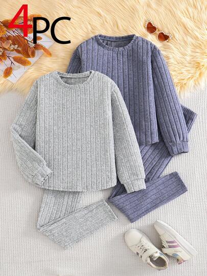 2-Set Tween Girls Casual Plush Knit Long-Sleeve Top And Leggings Outfit With Cozy Texture, Home-Lounge Comfort, Daily Wear Flexibility And Two-Color Variety For Multi-Scene Use