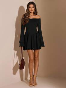 SHEIN BAE 棕色荷叶边露肩修身优雅迷你连衣裙，棕色连衣裙，生日礼服，派对礼服，约会礼服，秋冬叠穿 - 黑色 - 查看 6