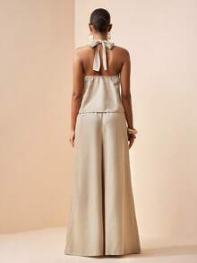 Zivah 2026春夏新款情人节、音乐节、复活节、西部风、游牧风、波西米亚风、纳什维尔派对、婚礼、晚宴、约会、聚会、生日、学院风、学生装、日常出行等场合皆宜的百搭基础款吊带露背扭结露背上衣+宽松阔腿裤，竹纤维面料卡其色两件套，春夏休闲度假女装 - 卡其色 - 查看 3