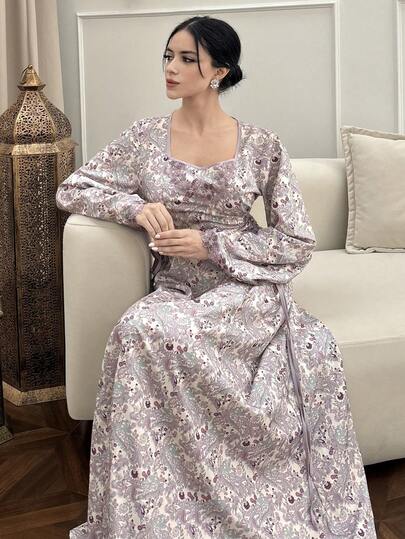 Yasmyna Conservative Romantic Floral Lace Arabian Dress For Women