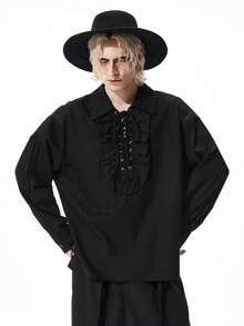 ROMWE MEN Men's Fashion Gothic Ruffled Collar Shirt - Black and White - View 1