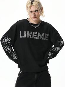 ROMWE MEN Street Life Men's Printed Crew Neck Casual Long Sleeve T-Shirt - Black - View 1