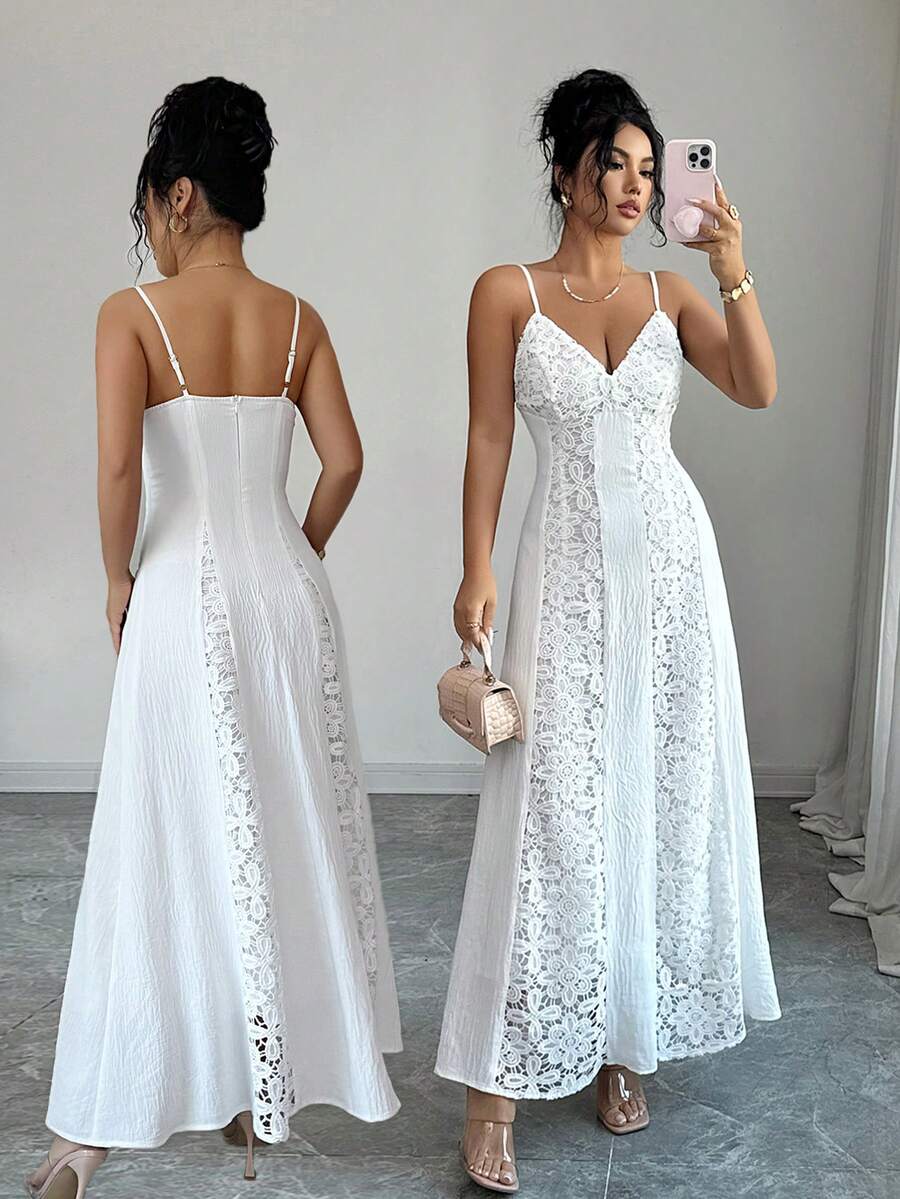 Elenzga Women's V-Neck Sleeveless Backless Floral Lace Patchwork Beach Vacation Dress, Spring/Summer - White - View 1