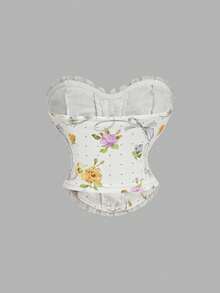 SHEIN MOD Áo quây nữ in hoa, viền bèo nhún, buộc dây phía trước - Nhiều màu - Xem 4