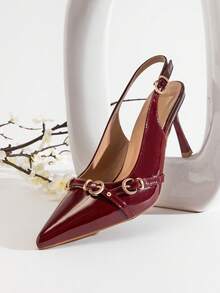 SHUZIA Women's Elegant Buckles Decor Sling-Back Pumps Valentine's Day - Burgundy - View 2