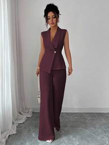 Elenzga petite 两件套女士短款翻领金属扣不对称下摆无袖西装外套搭配松紧腰裤套装，优雅通勤商务休闲复古街头风，适合感恩节、下午茶、派对、返校季、春夏秋季等各种场合。 - 紫紅色 - 查看 1