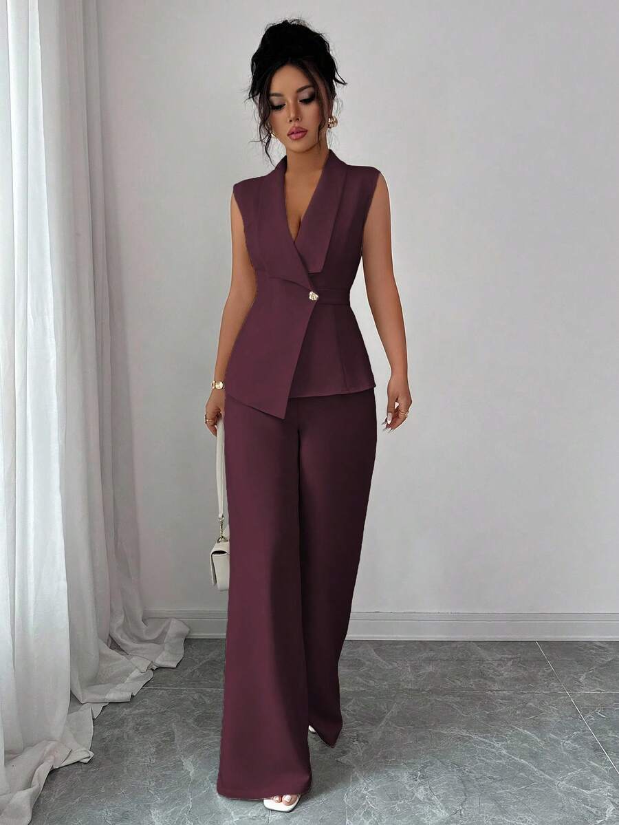 Elenzga petite 两件套女士短款翻领金属扣不对称下摆无袖西装外套搭配松紧腰裤套装，优雅通勤商务休闲复古街头风，适合感恩节、下午茶、派对、返校季、春夏秋季等各种场合。 - 紫紅色 - 查看 1