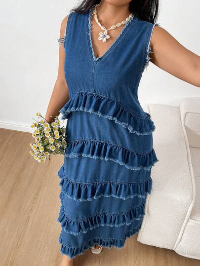 Sunnyshic 大码女式无袖牛仔连衣裙，夏季高端百搭V领无袖A字荷叶边下摆牛仔蓝连衣裙，女士牛仔装扮