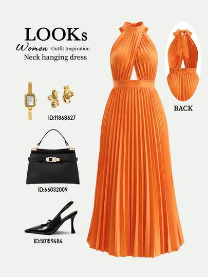 Xyvia Women's Orange Criss-Cross Pleated Bust Design A-Line Flared Dress, Backless Halter Neck Tie Design, Sexy & Elegant Outfit For Birthday, Date, Party, Cocktail, Independence Day, Singles' Day, Back To School, Halloween, Christmas Eve, Thanksgiving