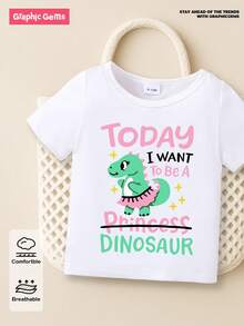 SHEIN Baby Girls Casual Pink Dress With Green Dinosaur Print Round Neck Short Sleeve T-Shirt, Summer - White - View 7