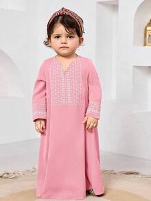 Gaun Panjang/Jubah Jalabiya Kasual Longgar Minimalis untuk Bayi Perempuan - Berwarna merah muda - View 4