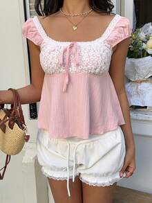 SHEIN Unity Blusa feminina rosa, estilo doce e descontraída, bordada, para férias na primavera/verão. - Rosa - Ver 3