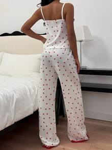 ZzzCrew Women's Sleepwear Set With Heart Design, Contrast Lace Camisole And Ribbed Lounge Pants - White - View 3