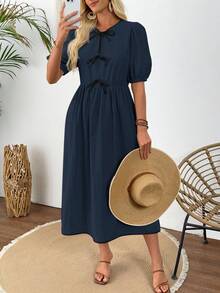 SHEIN LUNE 夏季优雅正式修身收腰中长连衣裙，饰有蝴蝶结 - 寶藍色 - 查看 4