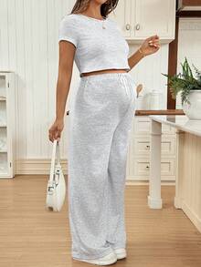 SHEIN 2件套孕妇纯色圆领短袖T恤和抽绳腰裤休闲套装 - 灰色 - 查看 6