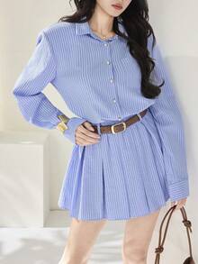 Heiryn 女士长袖条纹休闲宽松褶皱短裙 - 藍色 - 查看 2