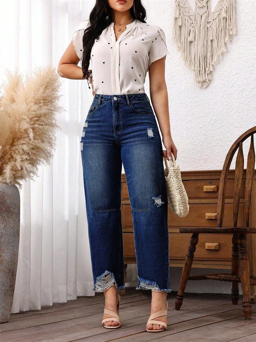 EMERY ROSE Quần jeans lửng dáng rộng, không chun, màu xanh dương kiểu cao bồi dành cho nữ, thích hợp cho trang phục đi rodeo. - Rửa tối - Xem 1
