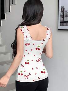 Modelyn Heart Print Summer Fashion Tie-Up Bow Knot Slim Fit Bodycon Tank Top For Women - Multicolor - View 2