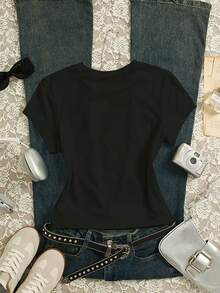 Glimmora 女士休闲印花短袖圆领T恤 - 黑色 - 查看 2