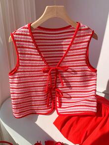 Comfortcana Red And White Striped,Summer,Cute,Date Women's Lightweight Vest Jacket With Bow Tie,Valentine's Day Waffle Stripe Knit Casual Elegant Y2k Top,Beach - Multicolor - View 1