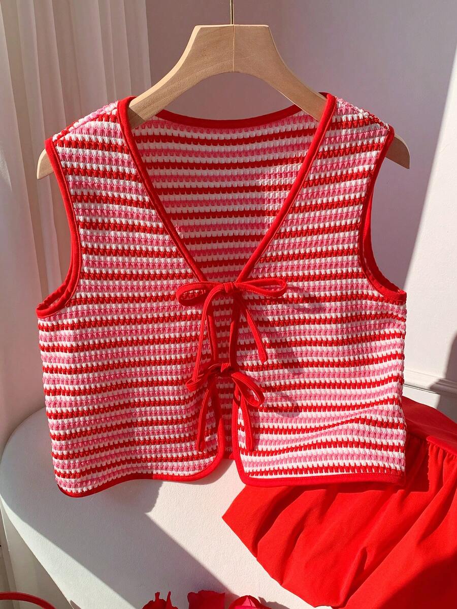 Comfortcana Red And White Striped,Summer,Cute,Date Women's Lightweight Vest Jacket With Bow Tie,Valentine's Day Waffle Stripe Knit Casual Elegant Y2k Top,Beach - Multicolor - View 1
