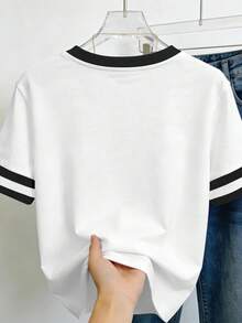 EMERY ROSE Blusas de verano, Camiseta de mujer con lazo negro estampado, Blusa casual de cuello redondo para primavera y verano, Ropa de mujer de manga corta para verano, Camisetas gráficas para mujer - Multicolor - Ver 2
