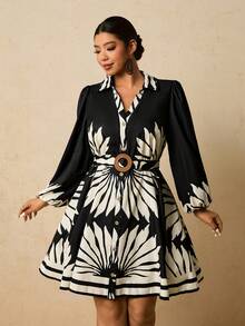 Travachic 大码女式黑色碎花连衣裙，立体剪裁花朵连衣裙，V领长袖衬衫裙，系腰带连衣裙，带口袋连衣裙 - 黑色 - 查看 4