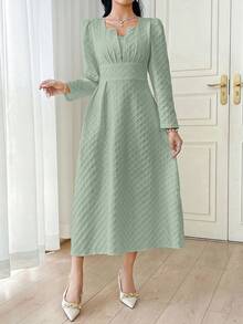 Modelyn 法式方领格纹提花褶裥连衣裙 - 灰藍色 - 查看 3