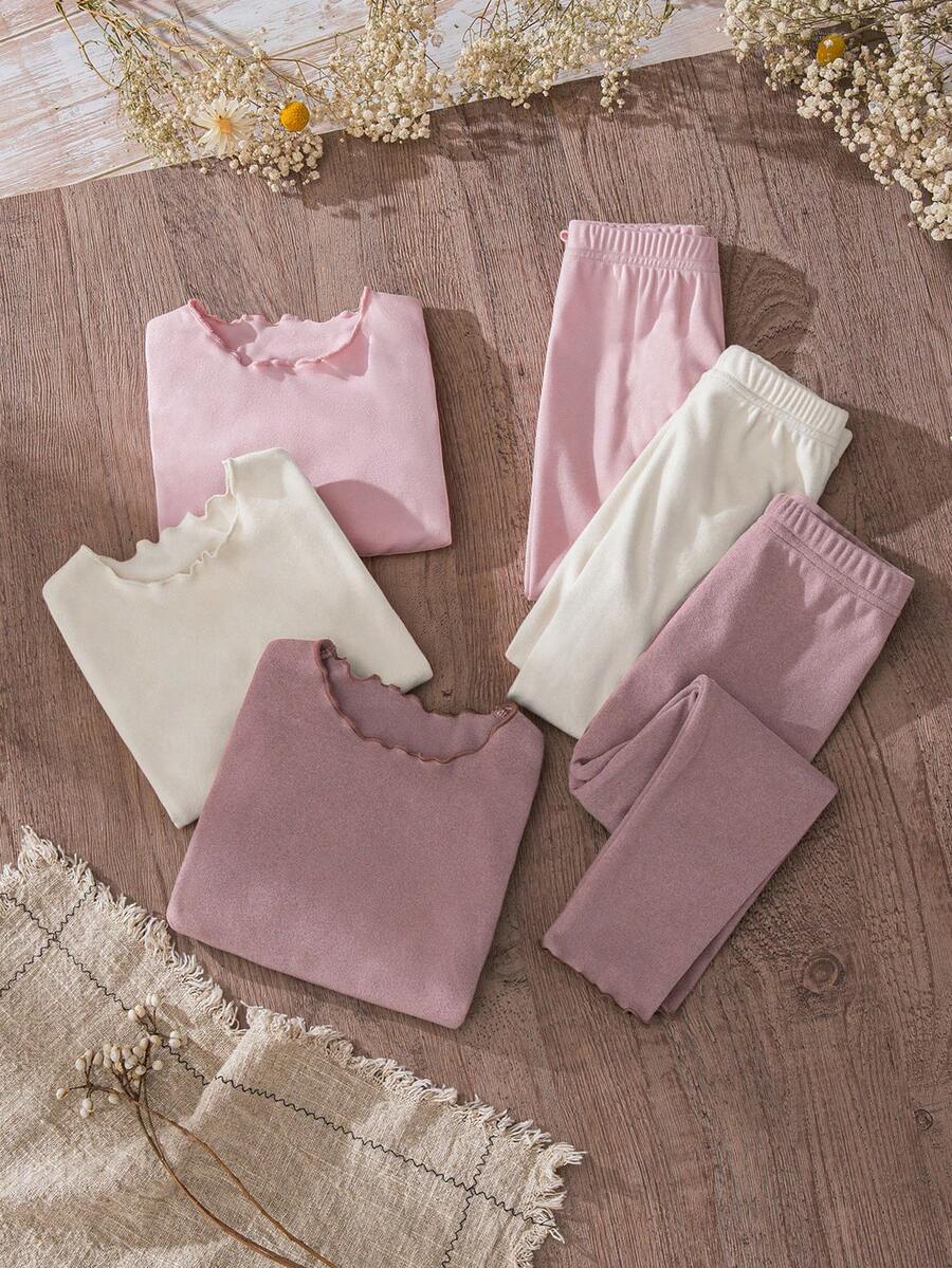 SHEIN Young Girl Casual Homewear Set, Solid Color With Ruffle Trim On Collar And Cuffs, Cute For Autumn/Winter - Pink - View 1
