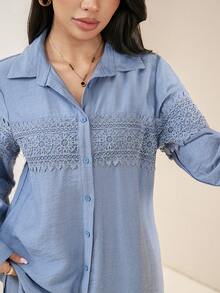 Veilorie 女士纯色撞色蕾丝长袖衬衫和裤子休闲两件套 - 藍色 - 查看 6