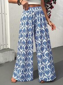 EURMUSE Quần ống rộng dáng suông thoải mái, cạp chun in hoa dành cho nữ - Màu xanh lam - Xem 4