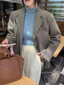 DAZY 女士休闲人字纹羊毛风衣春秋夹克 - 卡其色 - 查看 4