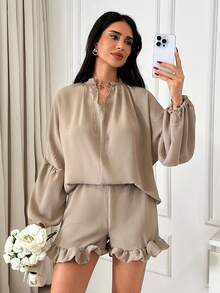 EURMUSE Women Blouses With Tassels & Shorts With Ruffles Beige Two Pieces Set Two Pieces Lounge Set Comfortable Two Pieces Set Elegant 2 Pieces Set - Coffee Brown - View 5
