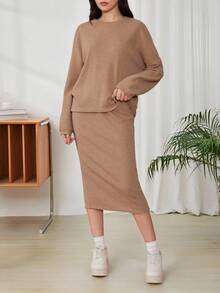 Ensemble t-shirt côtelé en tricot doux kaki et jupe décontractée ample pour adolescente