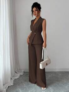 Elenzga petite Bộ 2 món dành cho nữ, dáng nhỏ nhắn, gồm áo blazer không tay cổ ve lật, khóa kim loại, vạt áo bất đối xứng và quần ống rộng cạp chun, thanh lịch, phù hợp cho công sở, đi làm, phong cách vintage đường phố, đa năng cho Lễ Tạ ơn, tiệc trà chiều, tiệc tùng, tựu trường, mùa xuân/hè/thu. - màu nâu - Xem 4