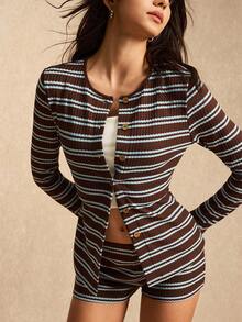 Easelle 女士休闲条纹纽扣针织上衣和短裤两件套家居服套装 - 彩色 - 查看 1