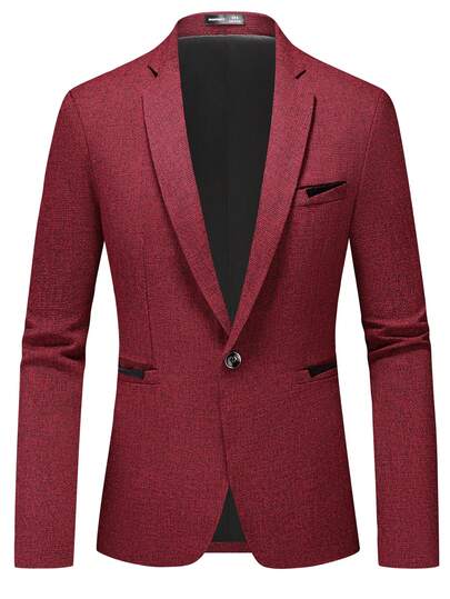 Manfinity Mode Blazer clásico de unicolor con solapa, hombro regular, manga larga, de estilo minimalista y elegante para bodas. Chaqueta roja para hombres, traje rojo para hombres, chaqueta roja formal para hombres, traje de esmoquin del Club Hellfire rojo para hombres