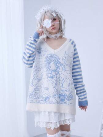 Kawaii كنزة صوفية كنزة فضفاضة بياقة على شكل حرف V مخططة ذات أجنحة بطابع كاواييي أنمي، بطراز ياباني جميل