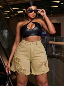 Slaydiva Plus Size Solid Color Casual Denim Shorts - Khaki - View 6