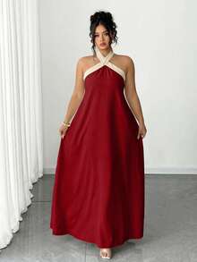 Elenzga Collection d'élégance excentrique intemporelle (Vibes Woe Is Me)(Esthétique du mercredi) Robe grande taille à encolure bateauet blocs de couleurs - Rouge foncé - Voir 7