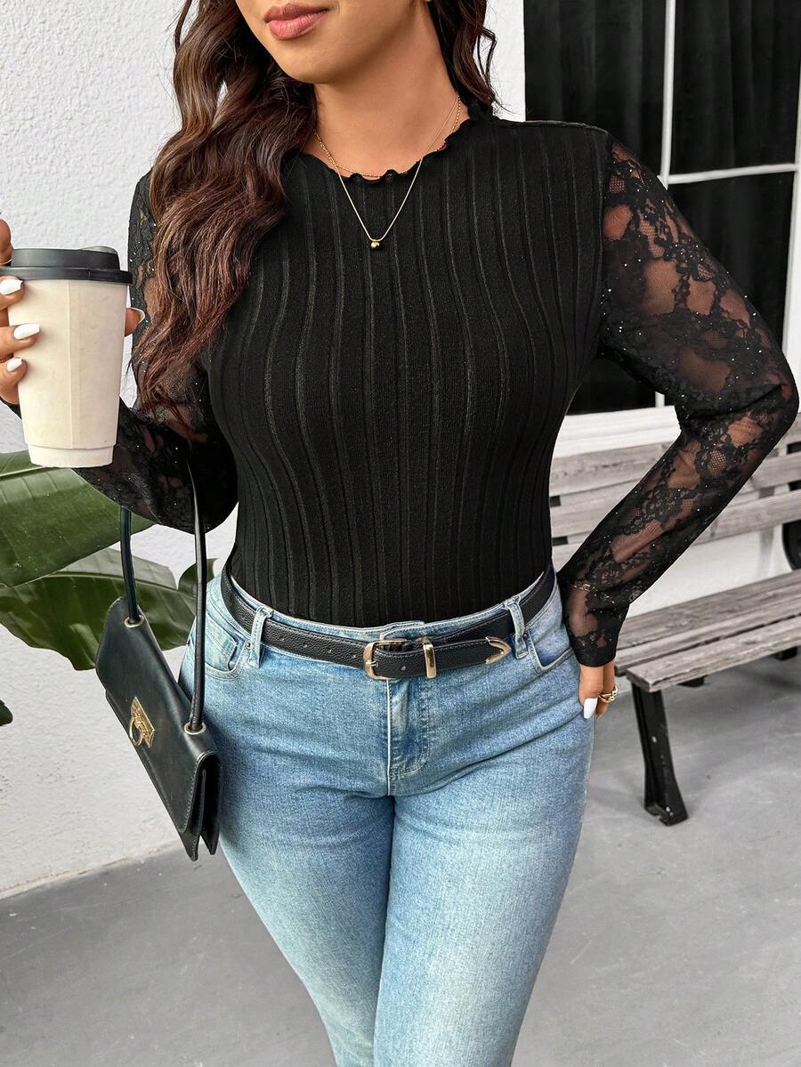 SHEIN Frenchy Casual Black Plus Size Rib-Knit Tee With Semi-Sheer Lace Long Sleeves And Stand Collar - Black - View 1