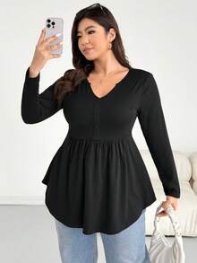 Shapeblank 大码女装春秋季时尚休闲弹力舒适日常百搭显瘦长袖束腰黑色T恤，外出上衣，曲线上衣，春季服装，简约风格 - 黑色 - 查看 6